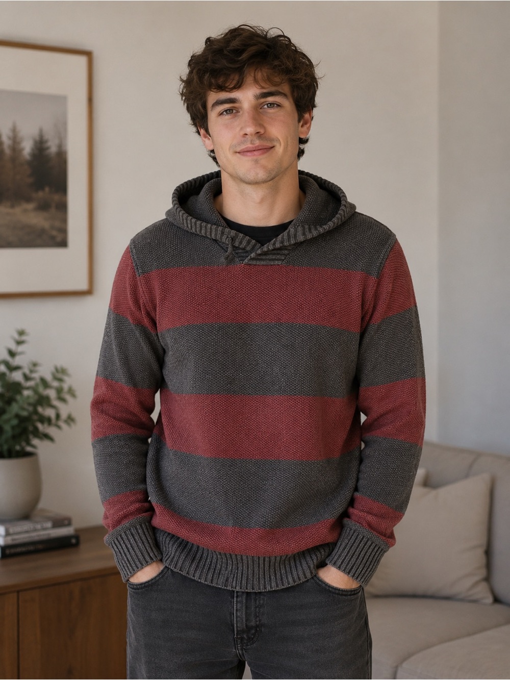 urban pipeline Size L Men's Striped Hoodie Sweater - Burgundy & Charcoal